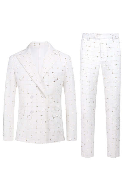 Leely White Plaid Peak Lapel 2 Piece Men's Prom Suits Double Breasted Formal Tuxedo