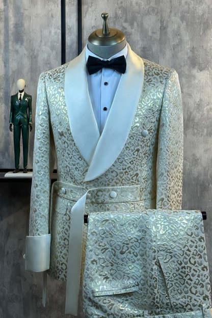 Glitter White Jacquard 2 Piece Men Suits with Belt