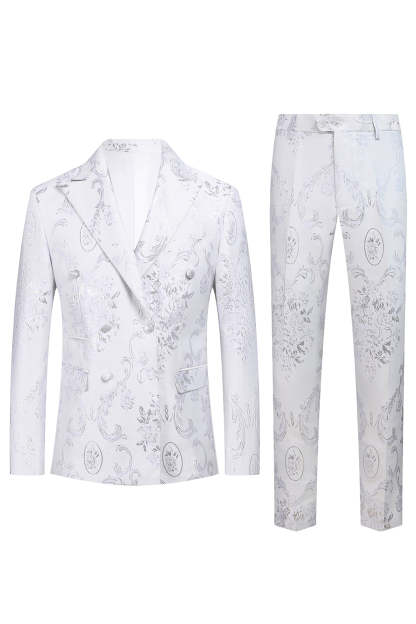 Leely White Floral Jacquard Men Prom Suits Peak Lapel 2 Piece Formal Tuxedo