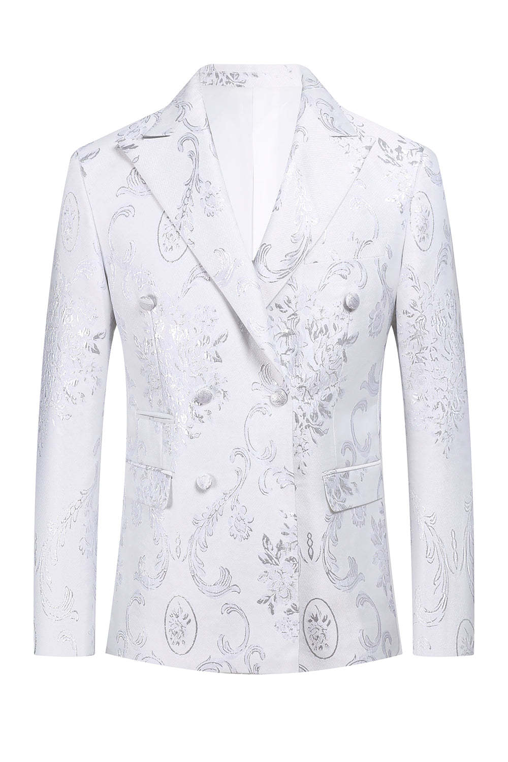 White Floral Jacquard Peak Lapel Men Prom Suits