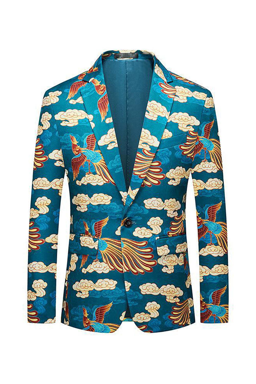 Leely Blue Crane Jacquard Notched Lapel Men Blazer One Button Prom Jacket