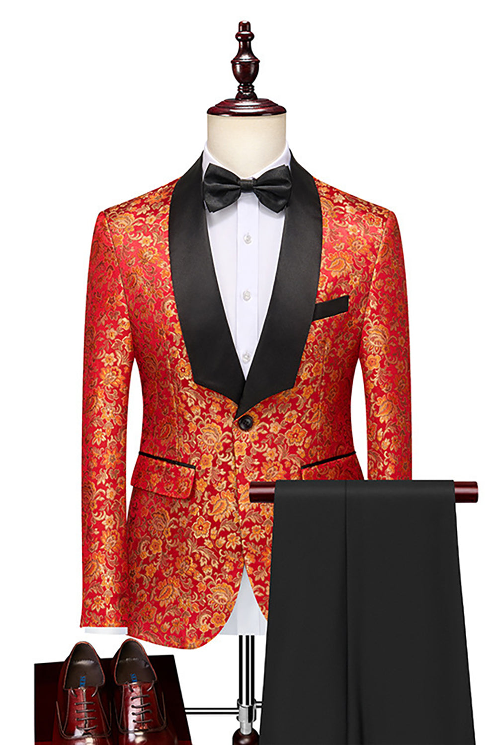 Leely Orange 2 Piece Men's Prom Suits Jacquard Shawl Lapel Prom Tuxedo