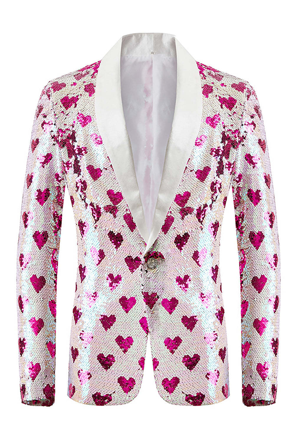 Leely Pink Sequins Shawl Lapel Men's Blazer Heart Sparkly One Button Prom Jacket