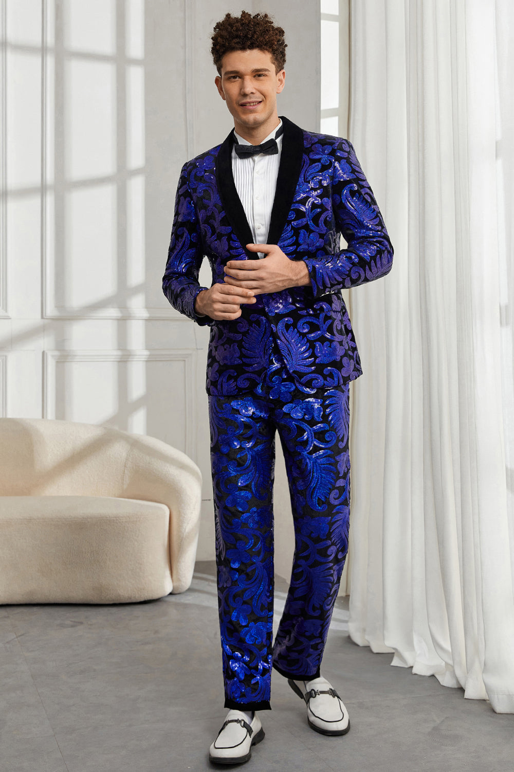 Leely Royal Blue Sequins Fitted Men's 2 Pieces Suits Shawl Lapel One Button Prom Suits with Pattern