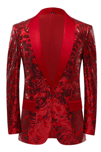 Leely Glitter Red Sequins Men's Blazer Shawl Lapel One Button Prom Jacket