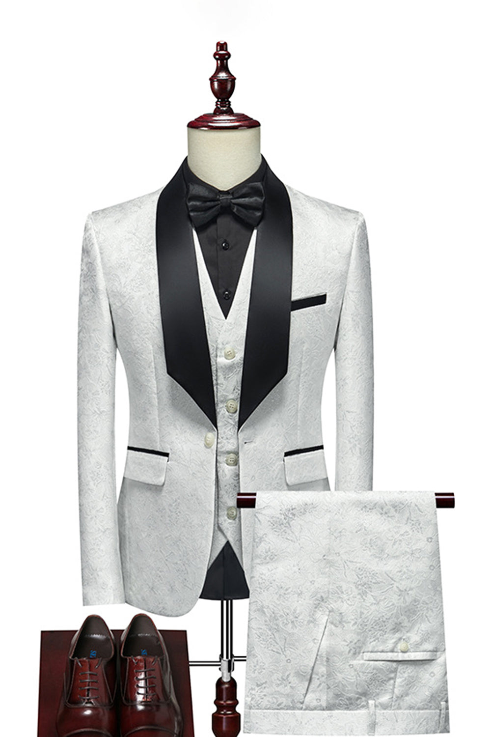 White Shawl Lapel Jacquard 3 Pieces Men's Prom Suits