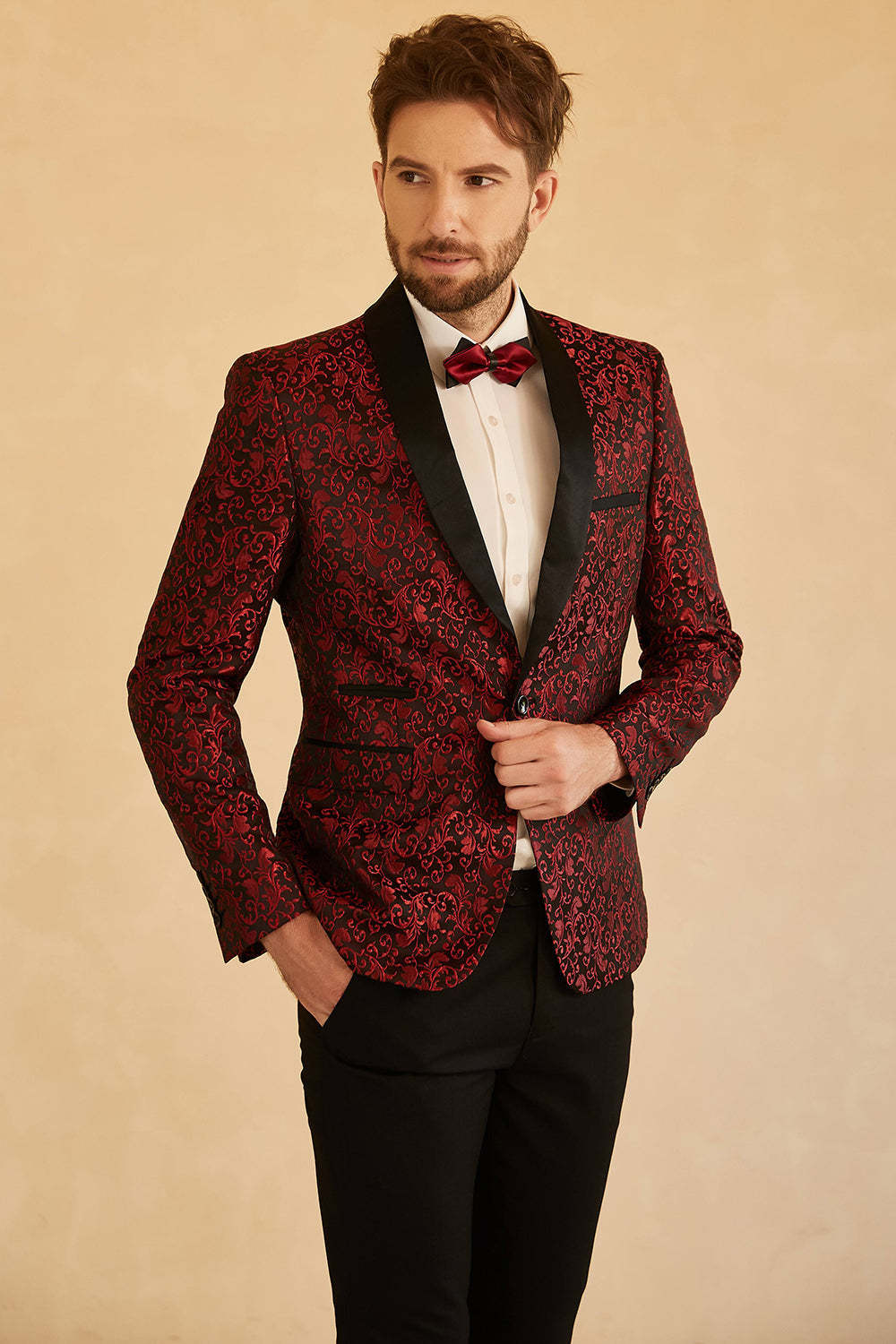 Leely Red Fitted Shawl Lapel Jacquard One Button Men's Prom Blazer Party Jacket