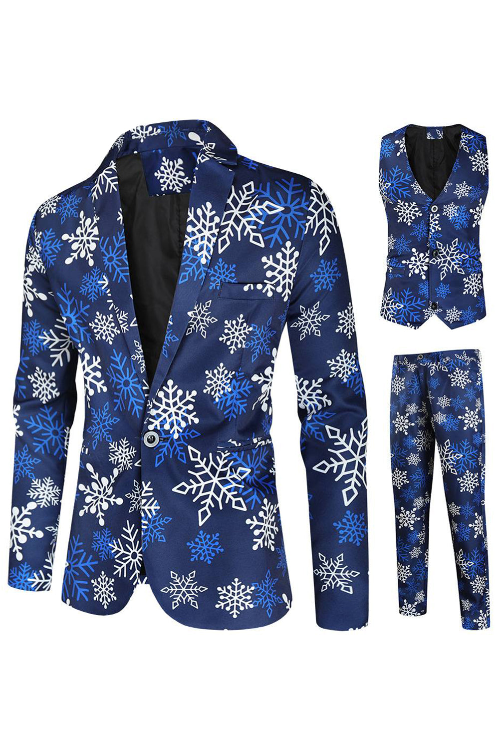 Leely Blue Snowflake Printed Notched Lapel 3 Piece Men's Christmas Party Suits