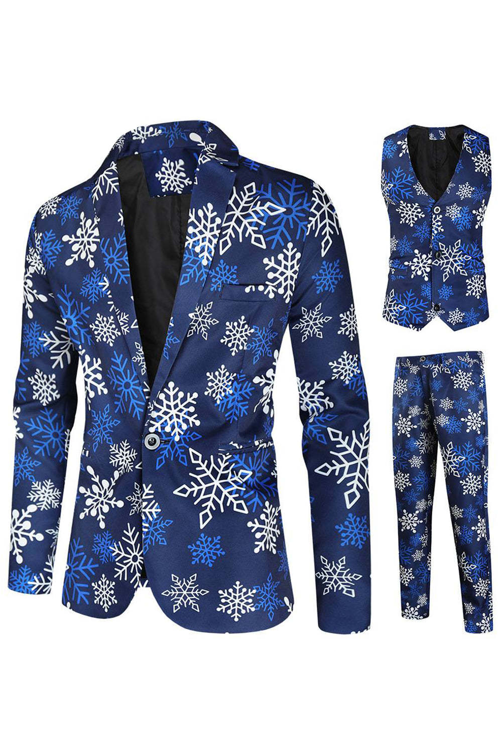 Leely Blue Snowflake Printed Notched Lapel 3 Piece Men's Christmas Party Suits