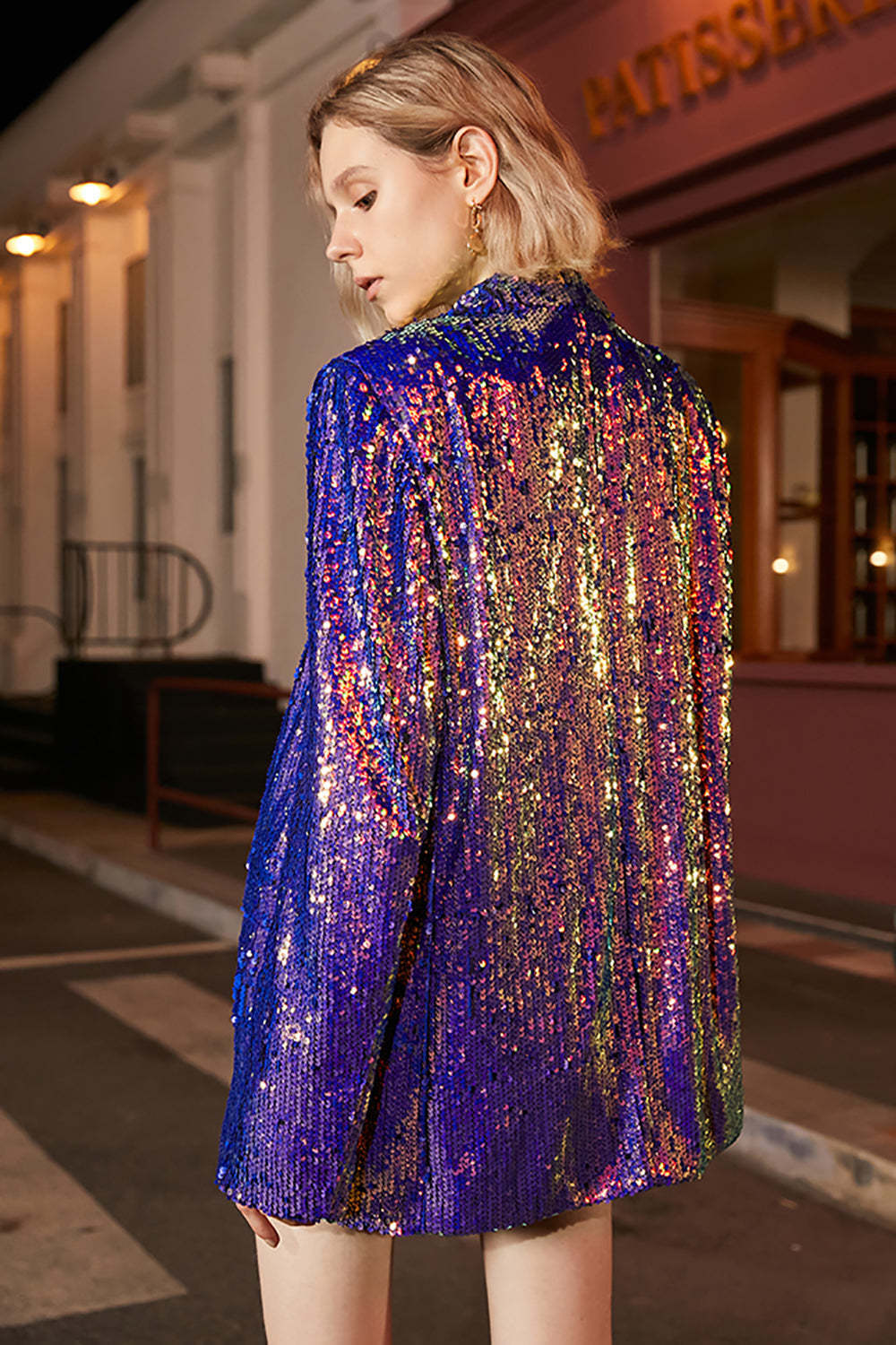 Sparkly Purple Sequins Oversized Longline Prom Blazer For Women