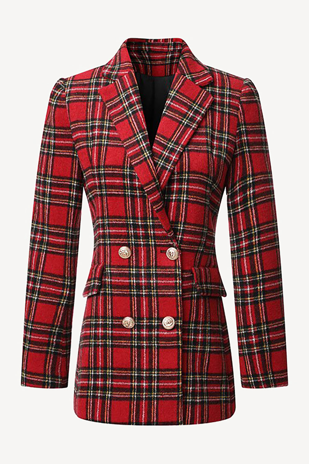 Leely Red Plaid Tweed Double Breasted Women Blazer