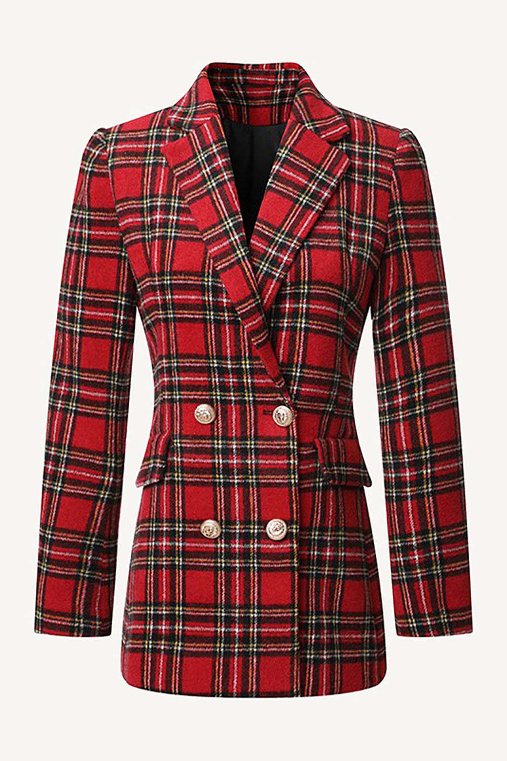 Leely Red Plaid Tweed Double Breasted Women Blazer