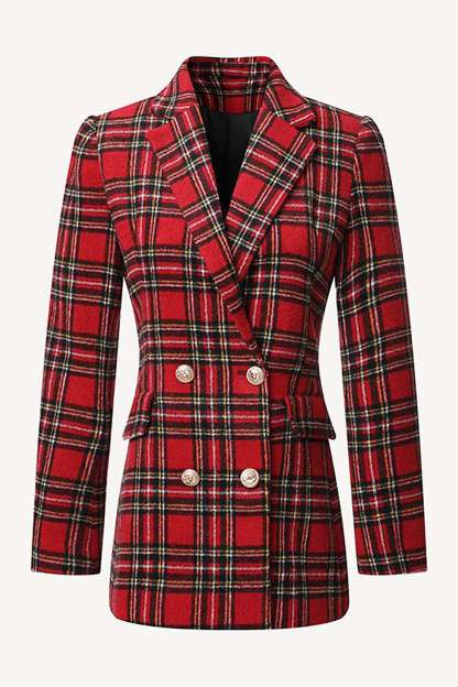 Leely Red Plaid Tweed Double Breasted Women Blazer