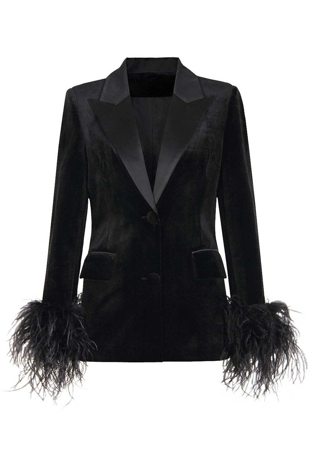 Leely Black Velvet Peak Lapel Women Coat with Feathers