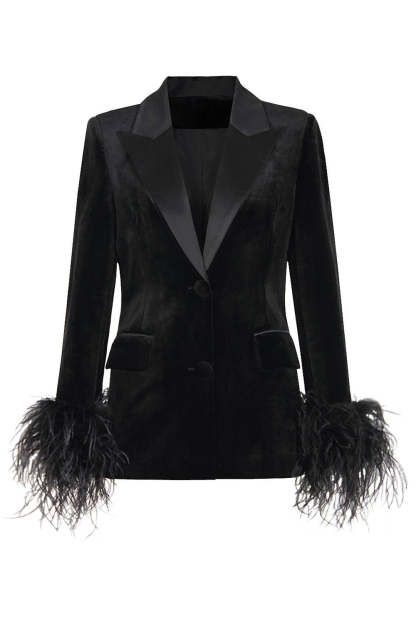 Leely Black Velvet Peak Lapel Women Coat with Feathers