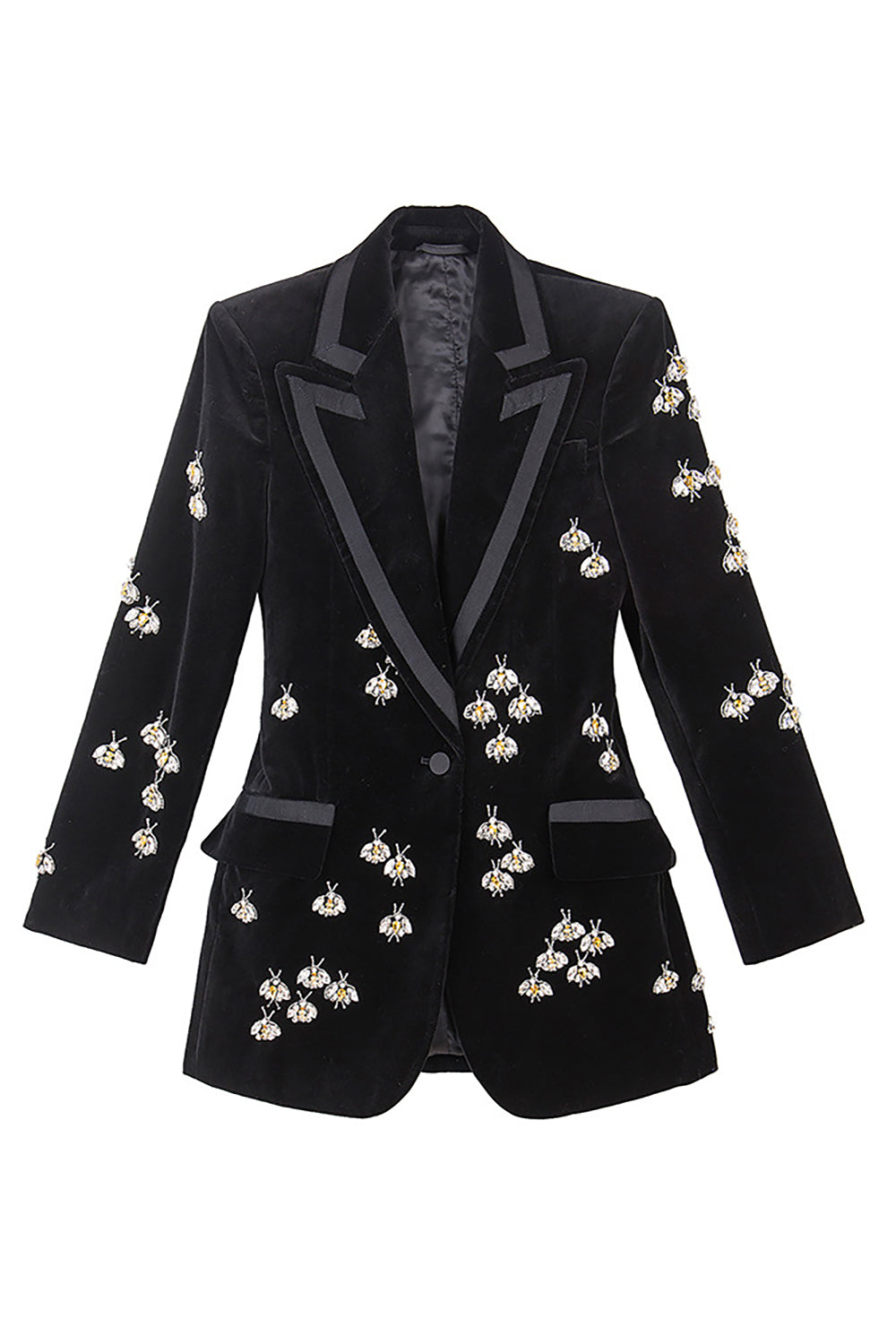 Leely Sparkly Black Velvet Beaded Bees Women Blazer Peak Lapel Party Jacket