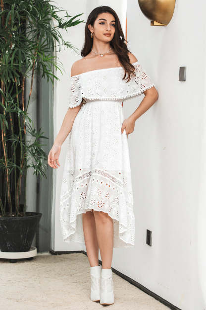 Simple White High Low Hollow Boho Asymmetrical Graduation Dress