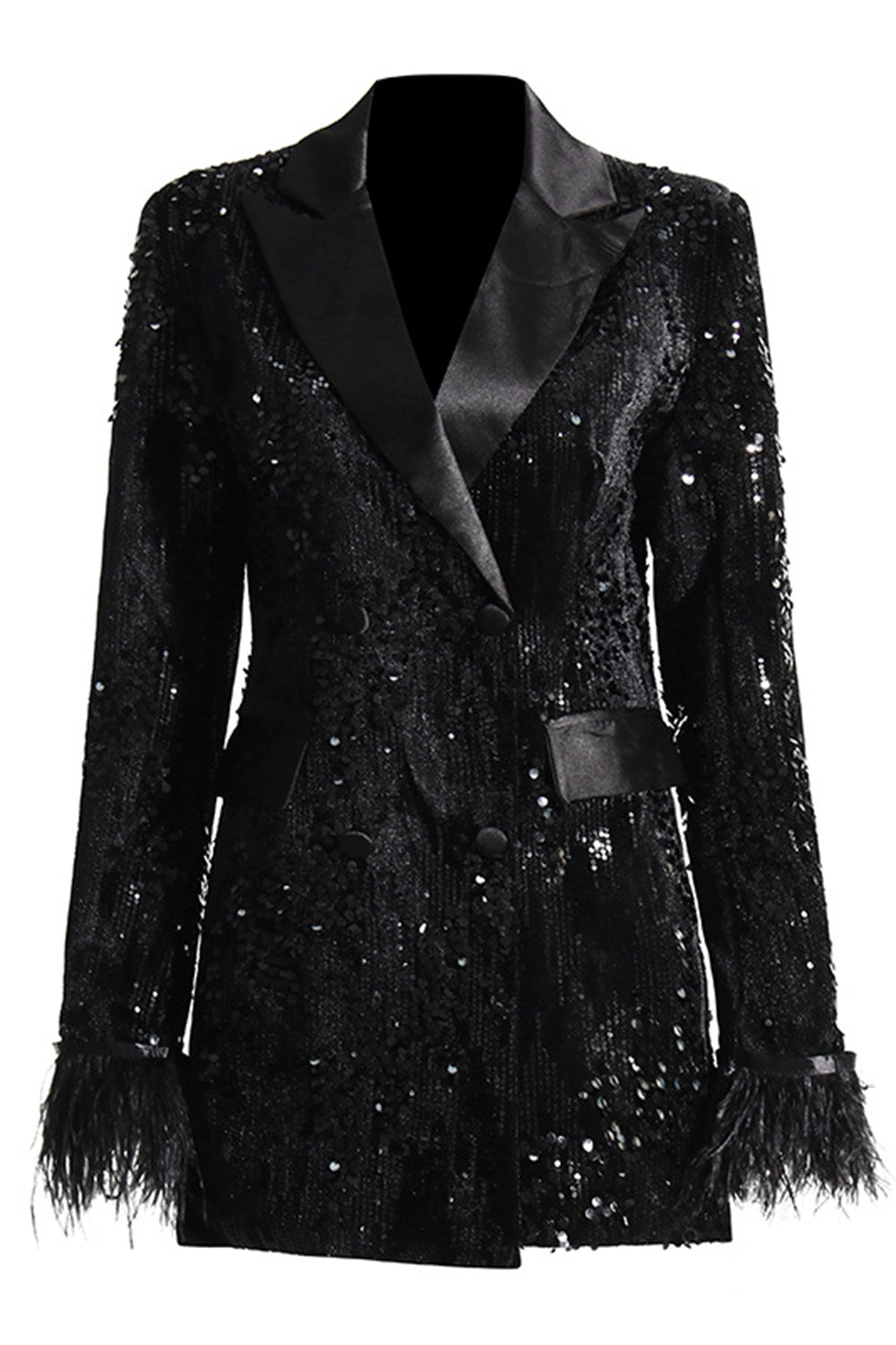 Leely Sparkly Black Peak Lapel Sequins Women Blazer with Feathers