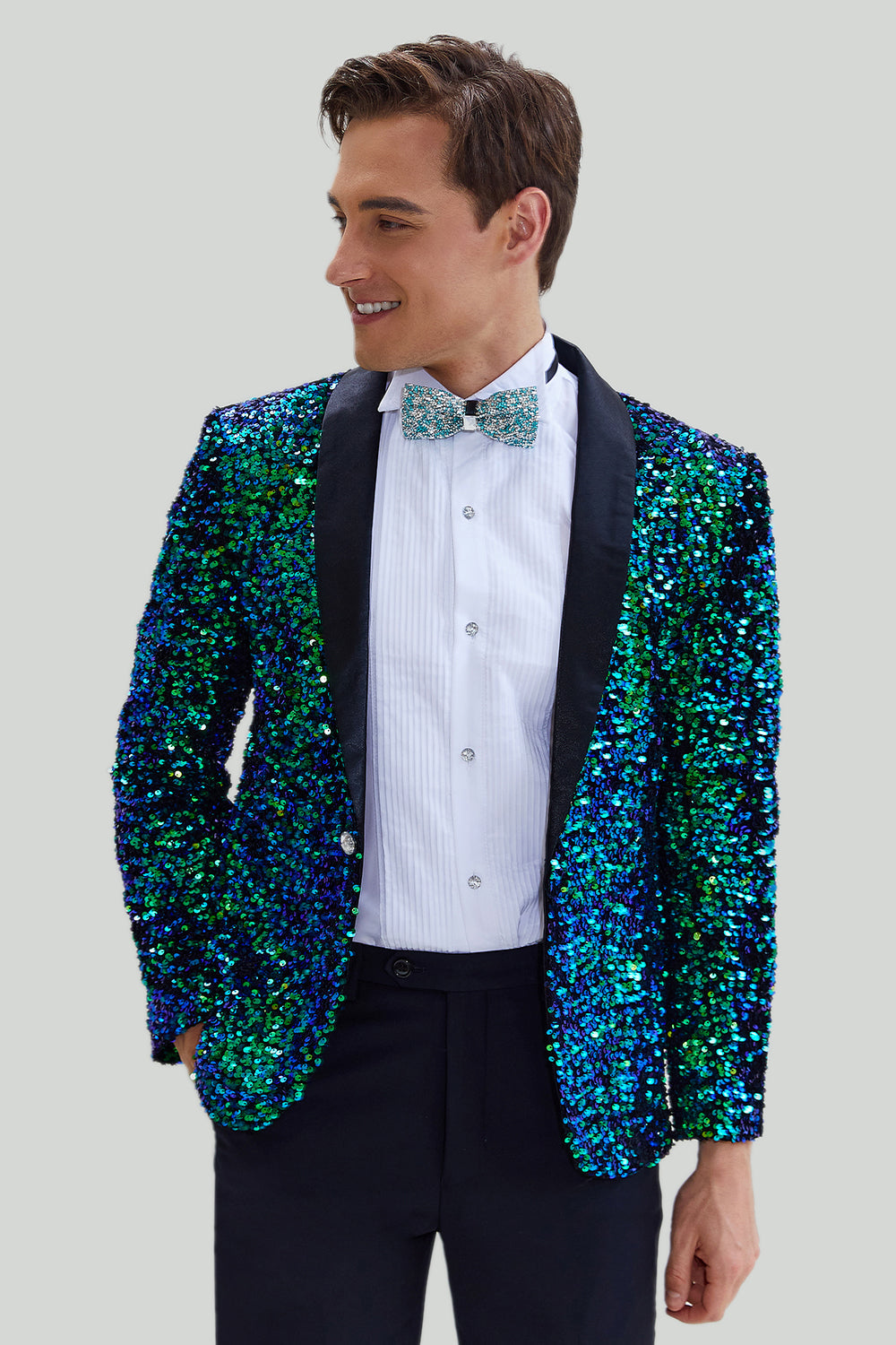 Leely Men's Sparkly Prom Blazer Green One Button Men's Sequined Jacket