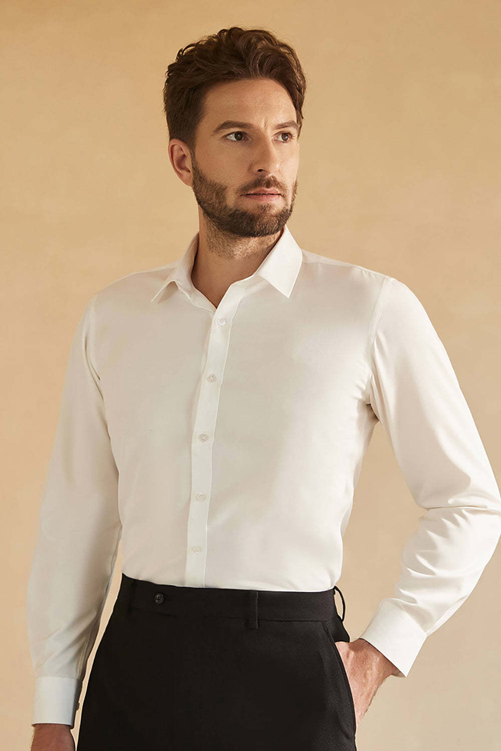 Leely White Solid Long Sleeves Men's Suit Shirt