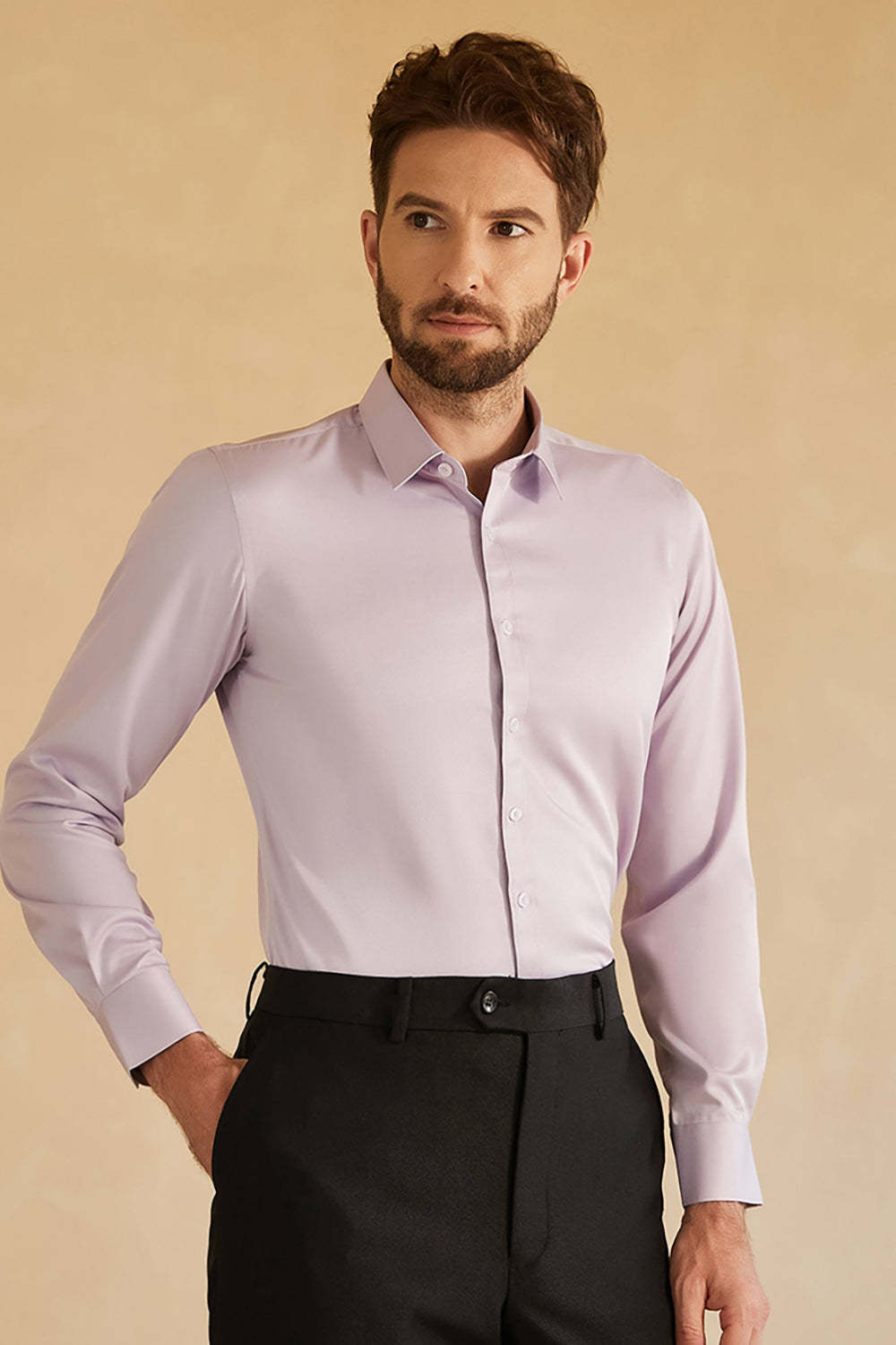 Long Sleeves Pink Solid Suit Shirt