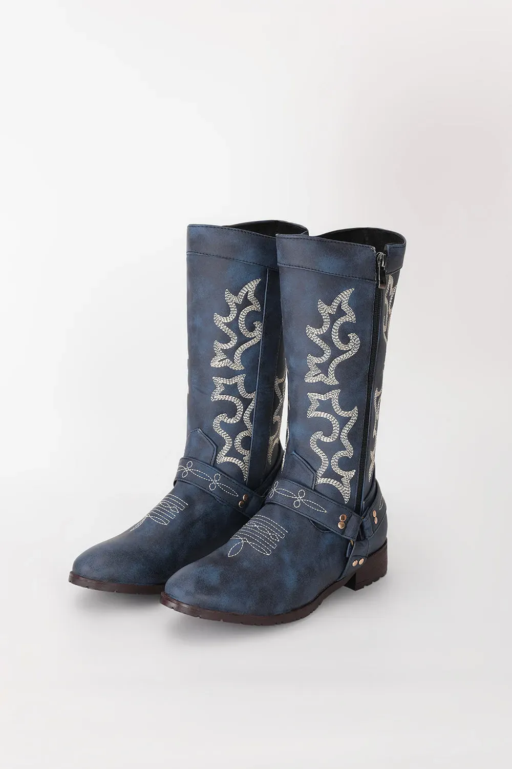 Blue Embroidered Cowgirl Boho Mid Calf Boots