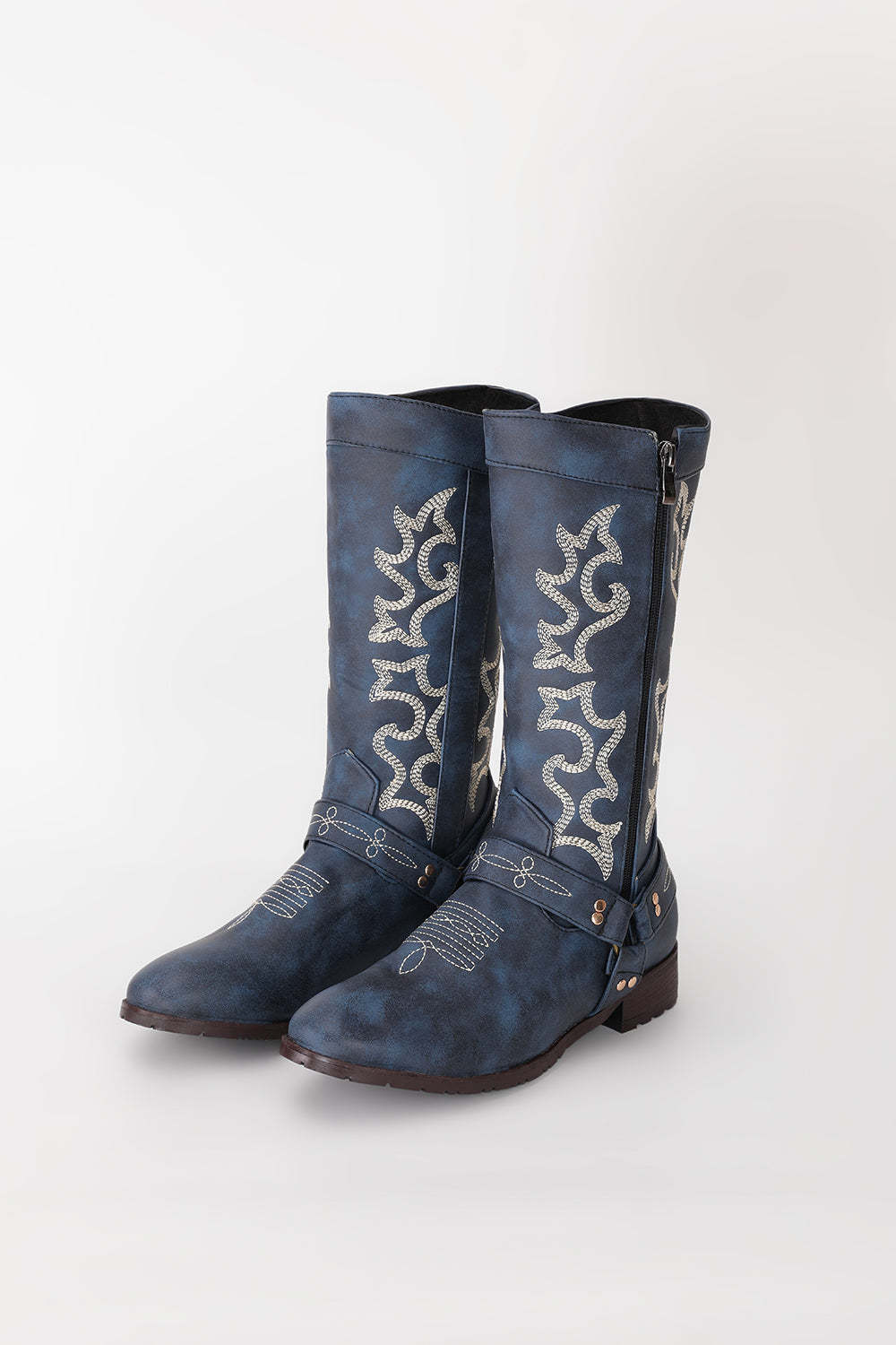 Leely Women Blue Embroidered Cowgirl Boho Mid Calf Boots