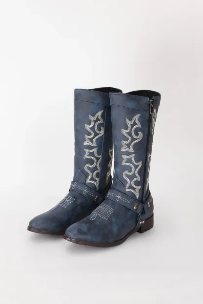 Blue Embroidered Cowgirl Boho Mid Calf Boots