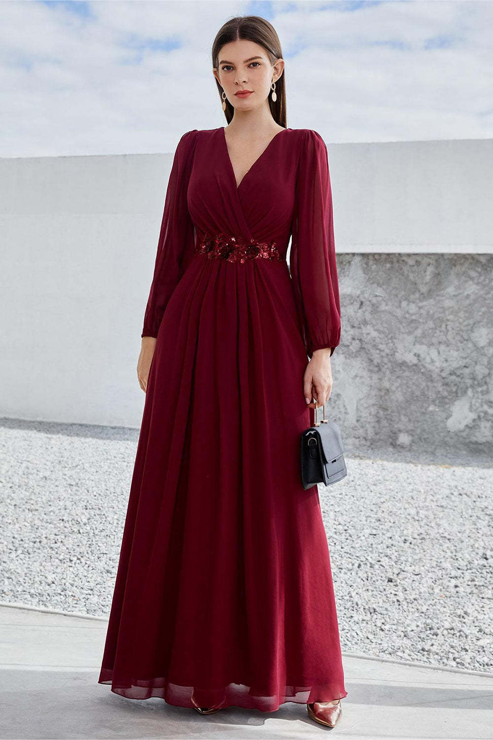 Leely Women Wedding Party Dress Burgundy Long Sleeves A Line Mother of the Bride Dress