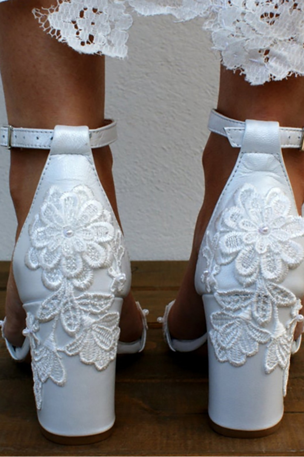 White Chunky High Heels With Lace For Weddings