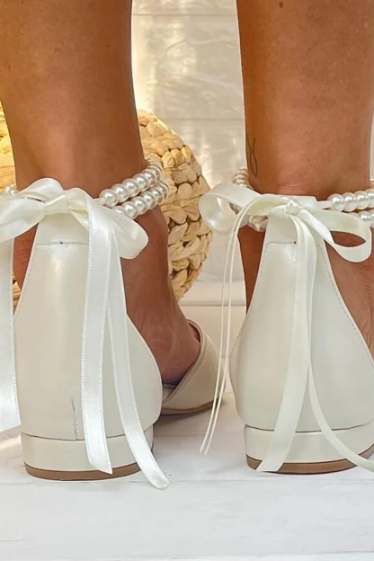 Closed Toe Pearl  Flats Shoes with Bow Pointed Toe for Wedding