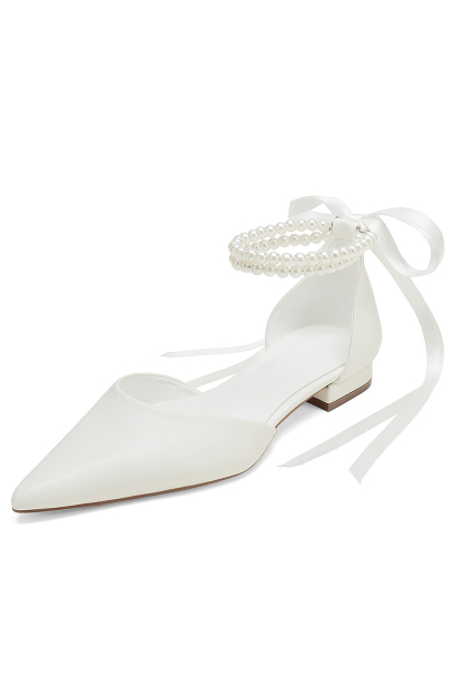 Closed Toe Pearl  Flats Shoes with Bow Pointed Toe for Wedding