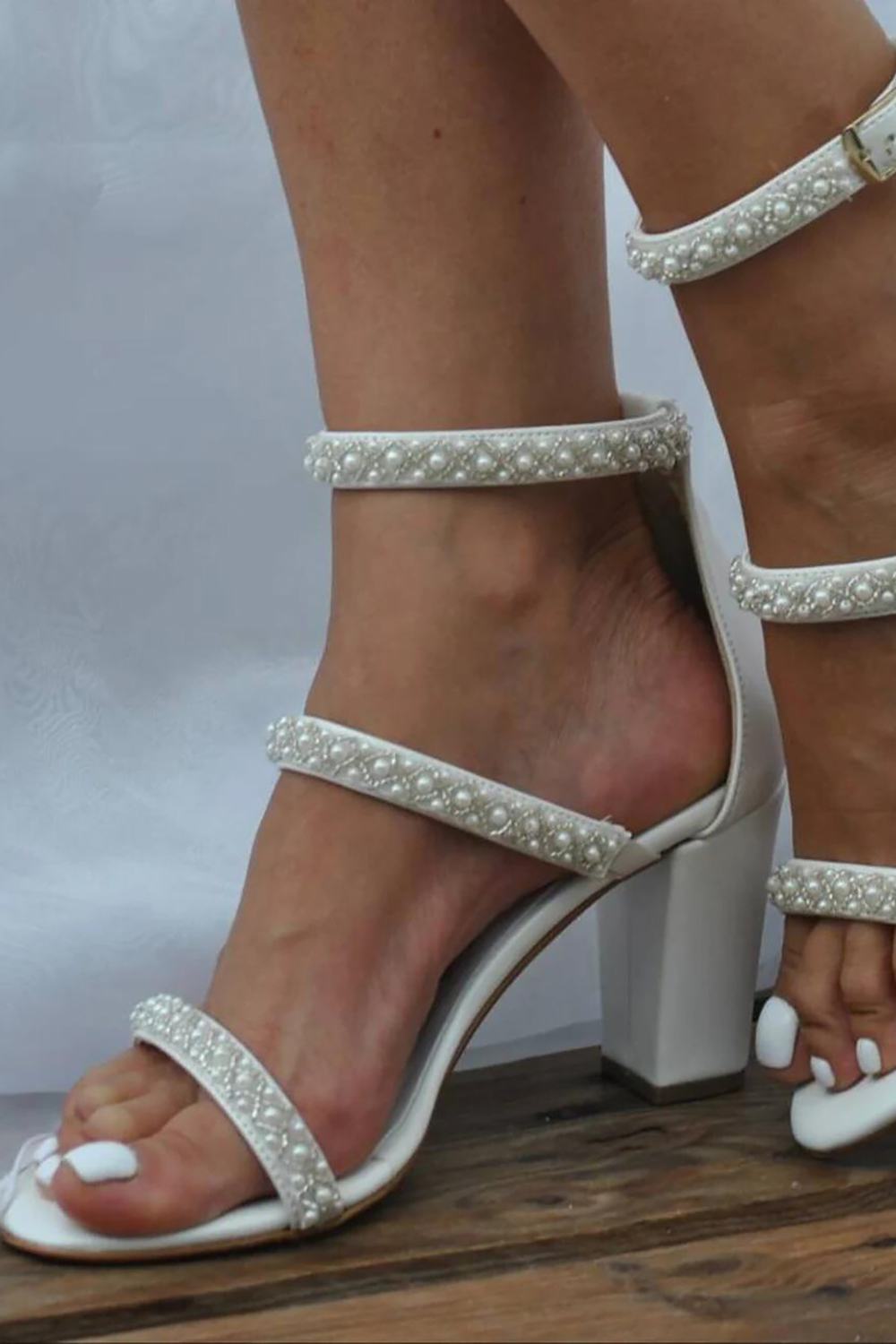 Ivory Chunky Heel Sandals With Pearls