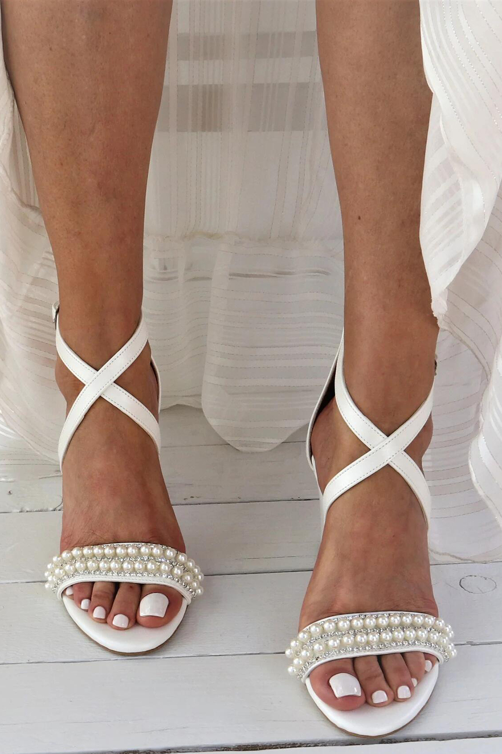 Chunky Heels Peep Toe Wedding Sandals Full Pearls White Sandals