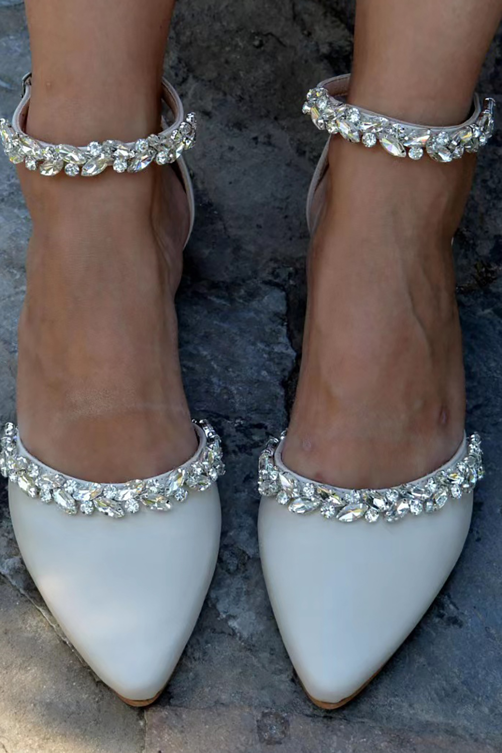 Leely Women White Glitter Rhinestone Pointed Toe Ankle Strap Shoes