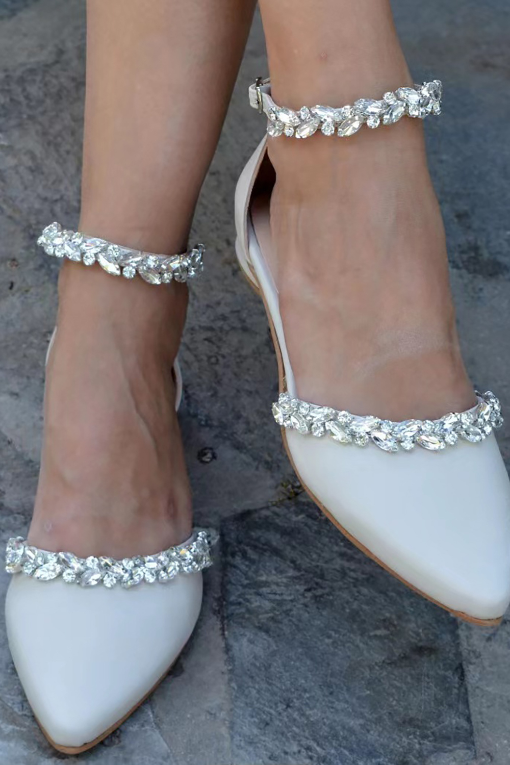Glitter Rhinestone White Pointed Toe Ankle Strap Shoes 