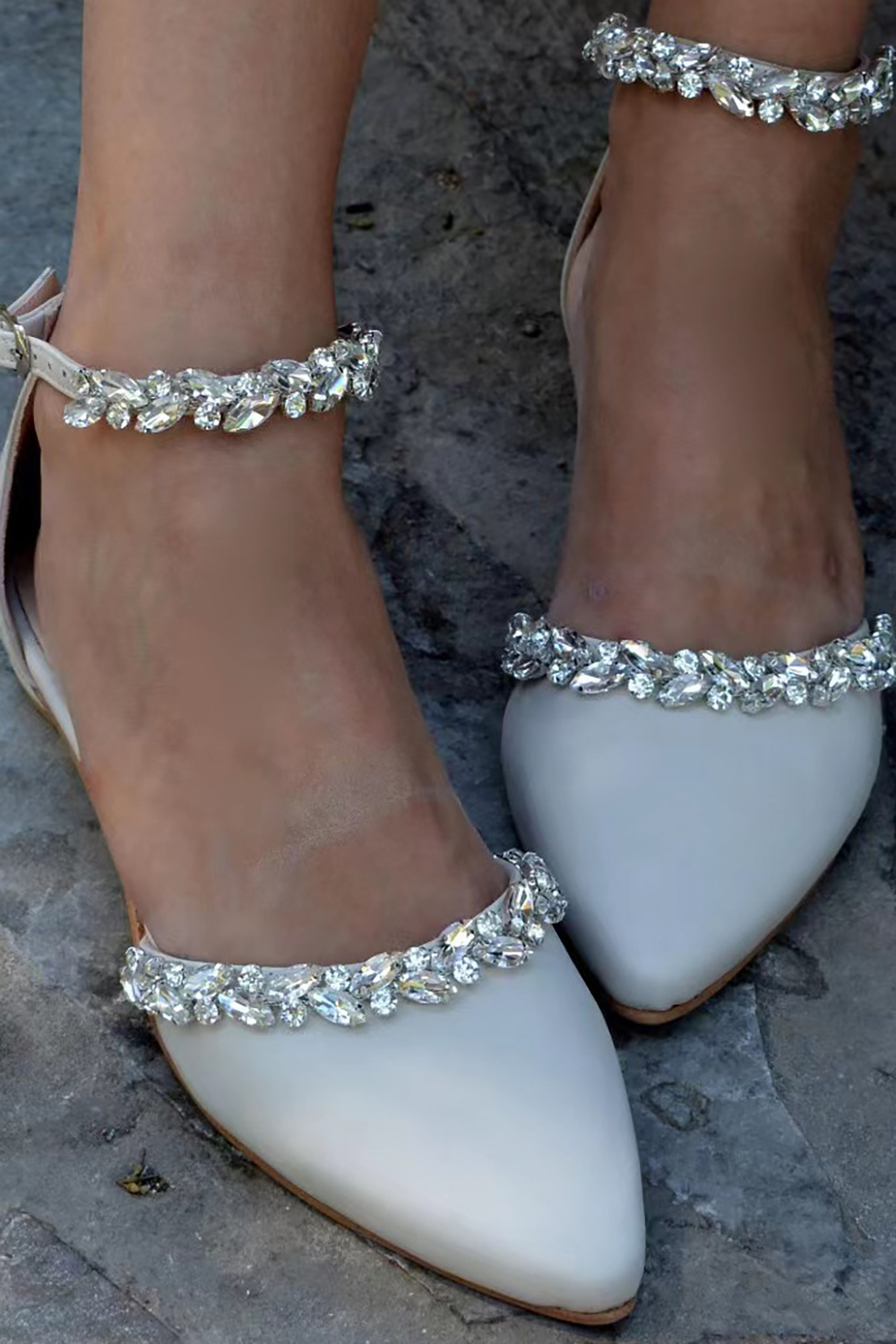 Glitter Rhinestone White Pointed Toe Ankle Strap Shoes 