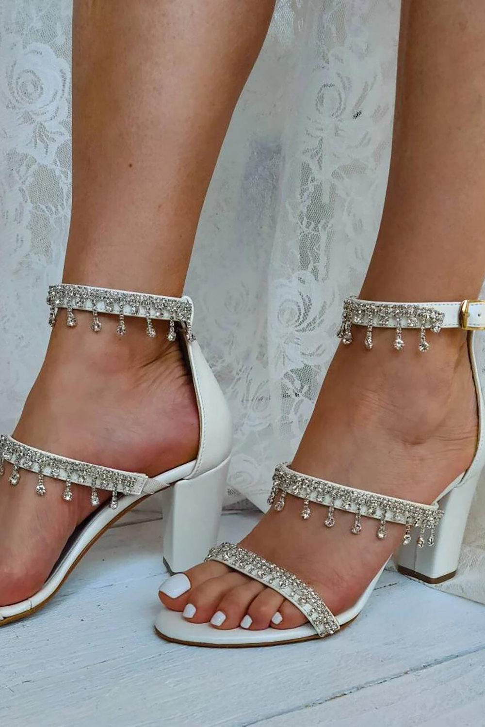 Ivory Chunky Heels Peep Toe Rhinestone Wedding High Heels