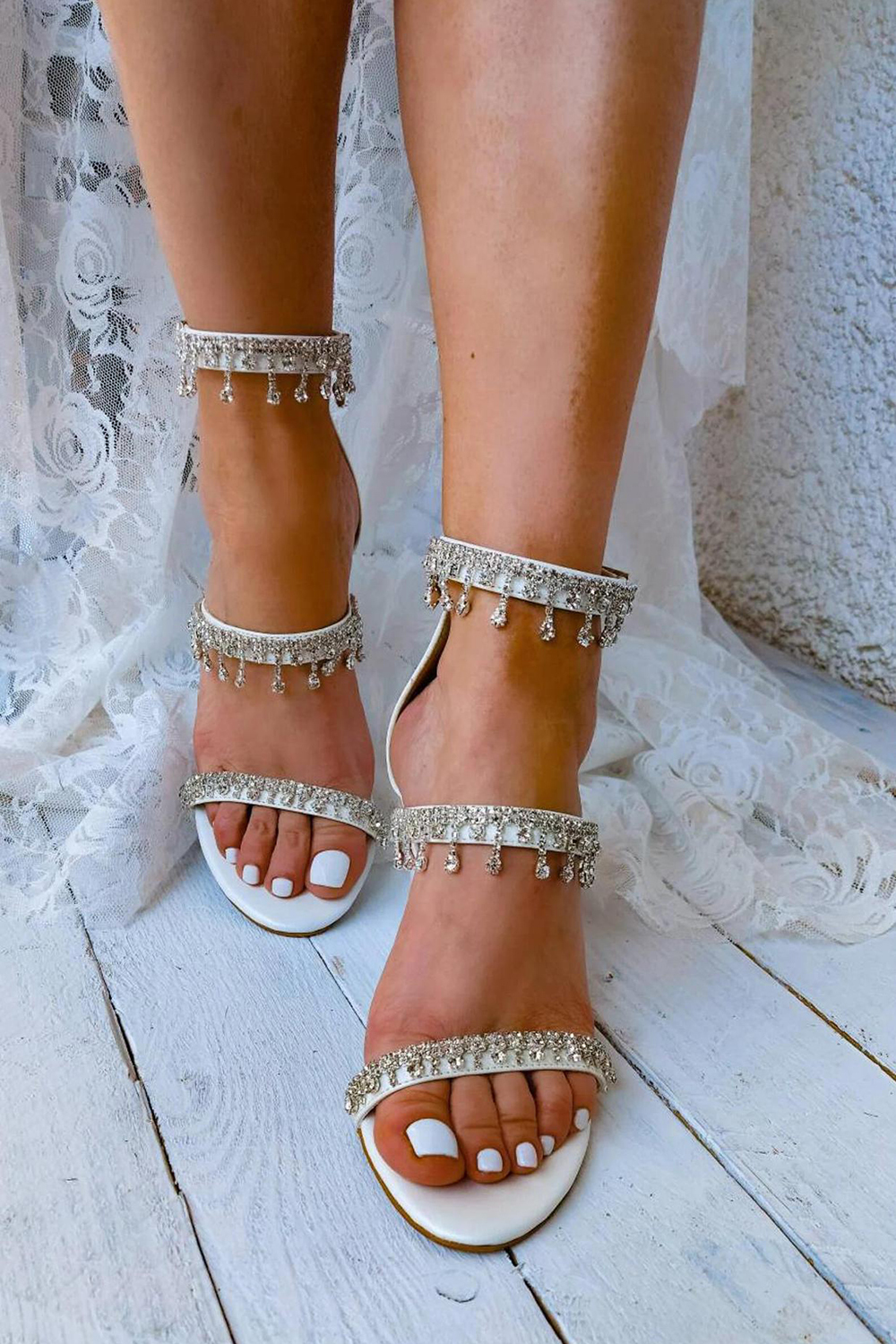 Ivory Chunky Heels Peep Toe Rhinestone Wedding High Heels