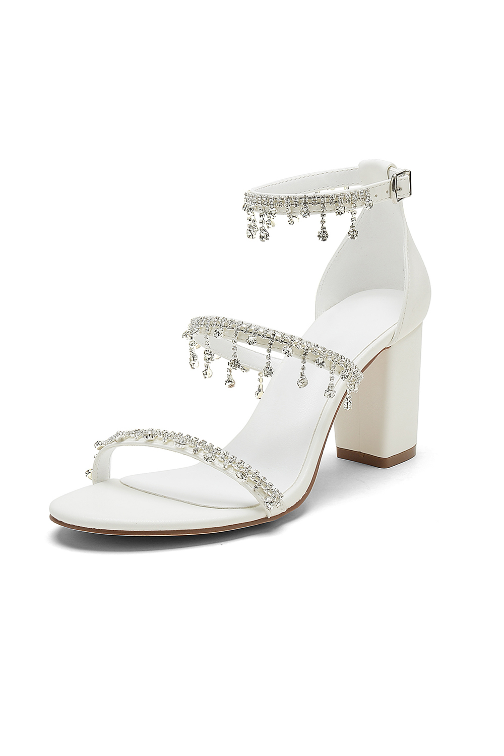 Ivory Chunky Heels Peep Toe Rhinestone Wedding High Heels