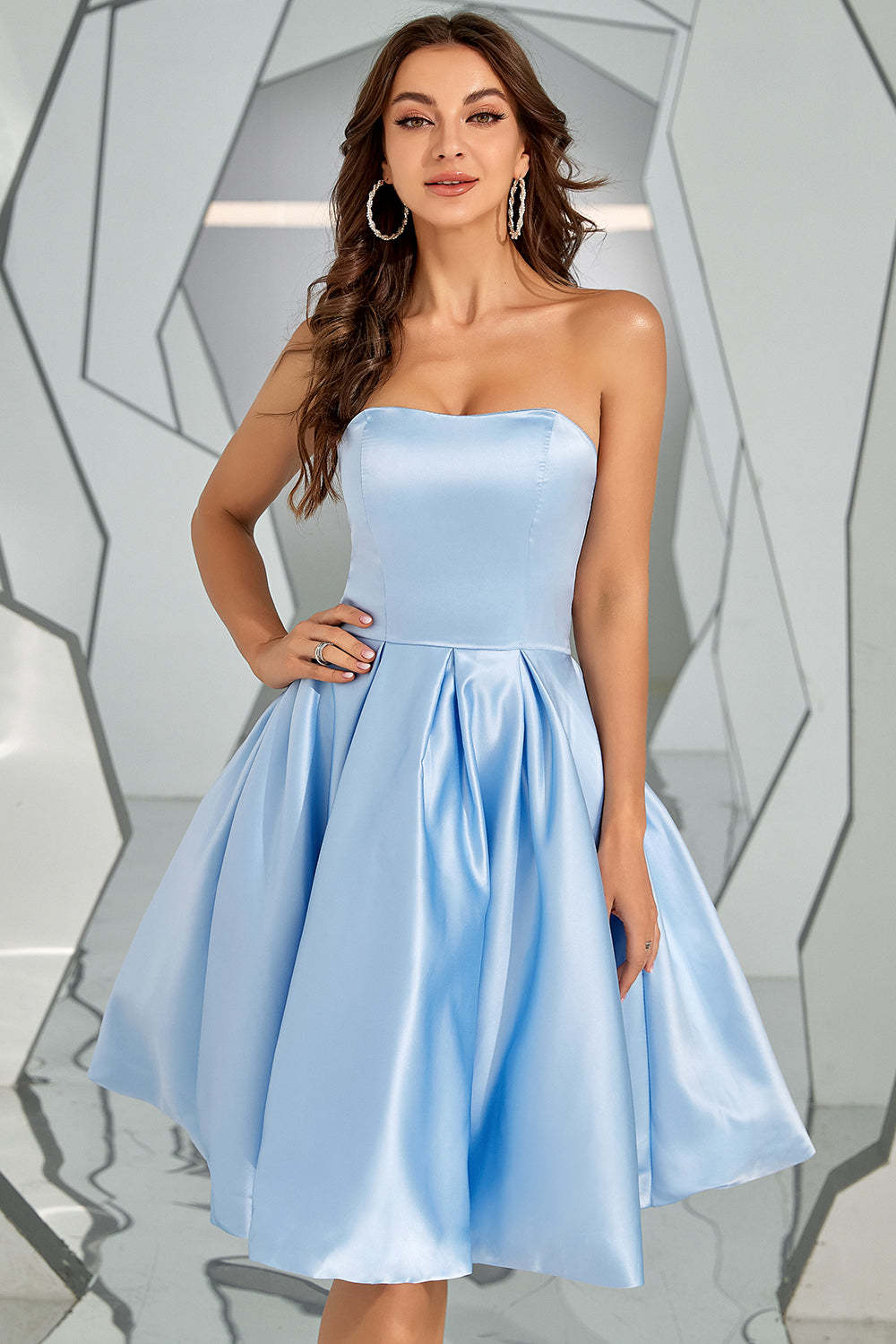 Leely Women Pretty Satin Homecoming Dress Sky Blue Strapless A Line Short Prom Dress