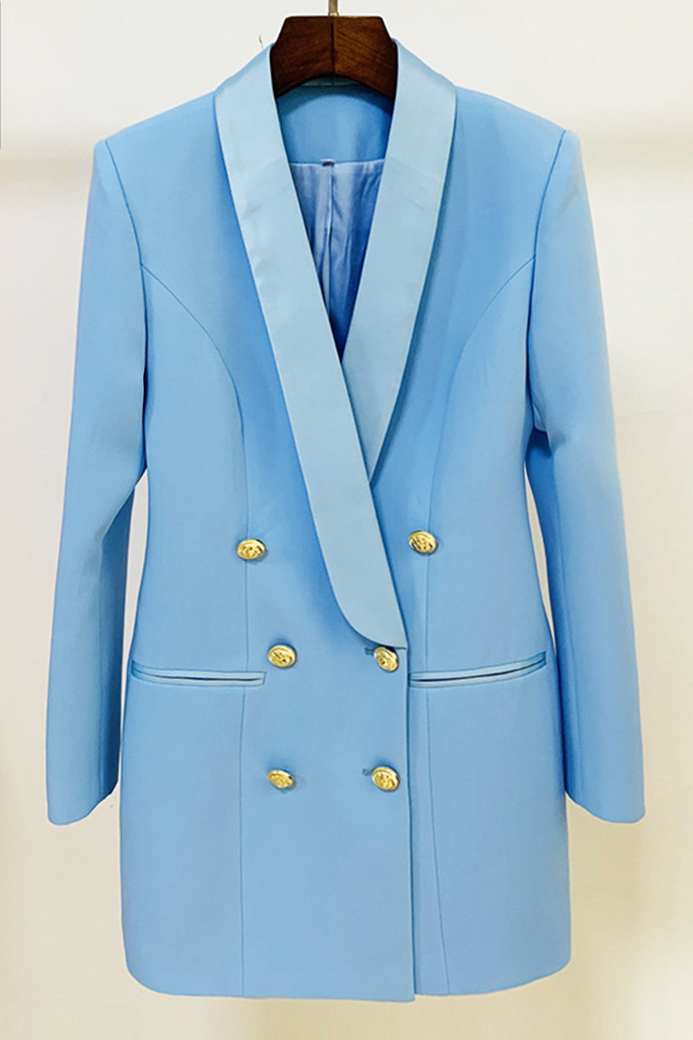 Leely Blue Buttoned Satin Lapel Blazer Dress
