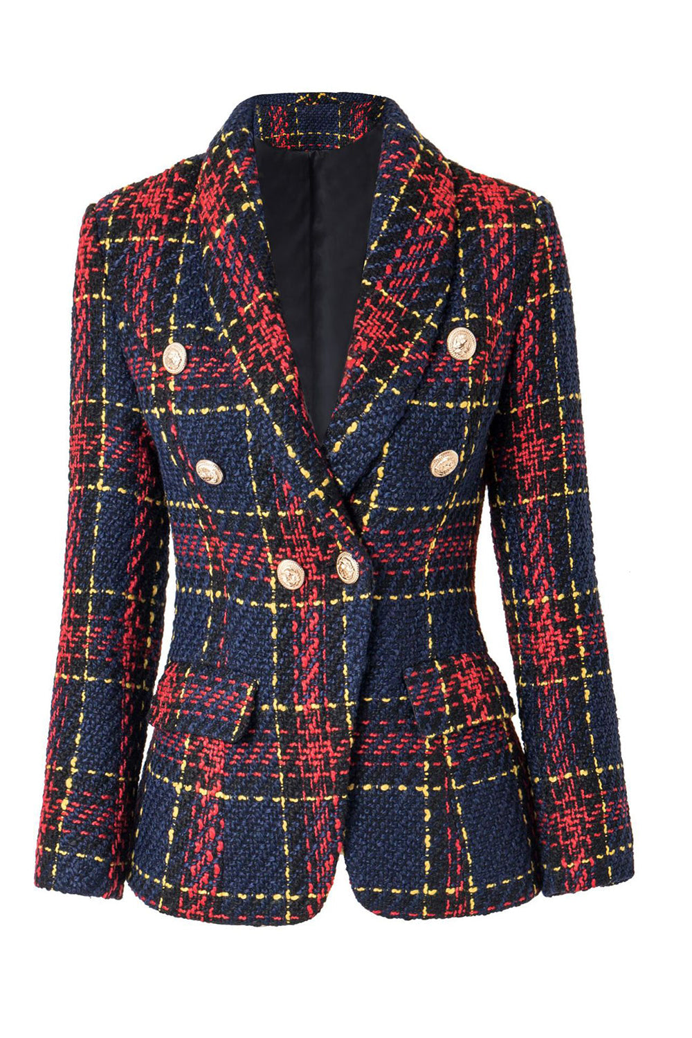 Leely Blue Red Slim Retro Lapel Plaid Women Blazer