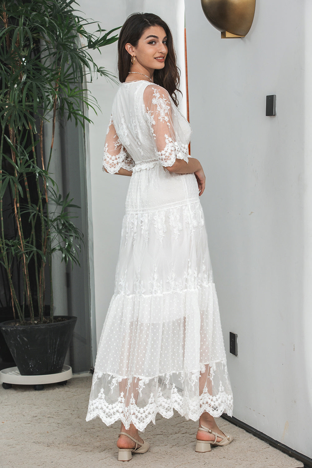 White A Line V Neck Boho Lace Long Modest Graduation Dress with Short Sleeves