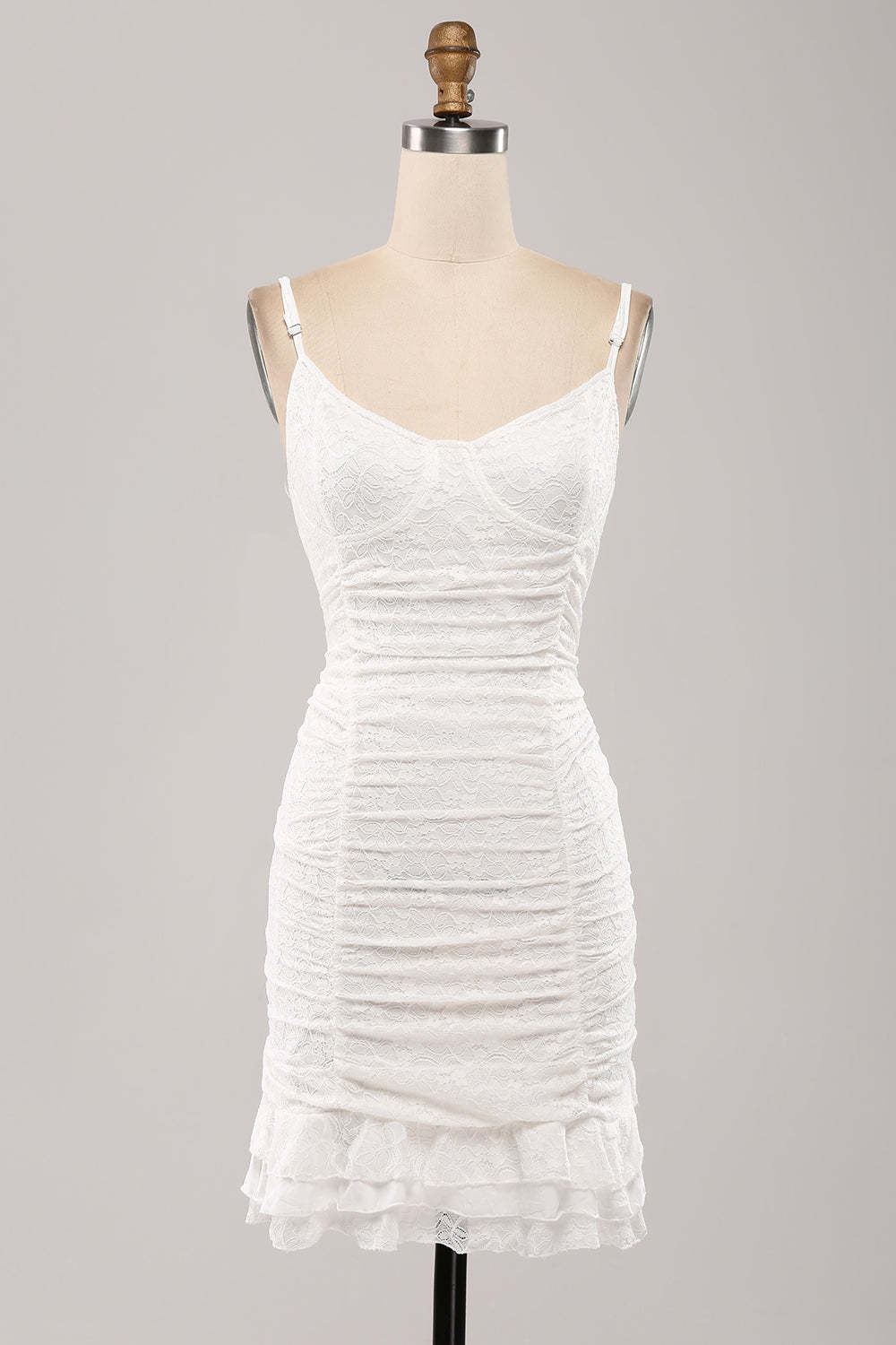 LEELY Women Cute Corset Graduation Dress Spaghetti Straps Bodycon Pleated Lace Little White Commencement Dress
