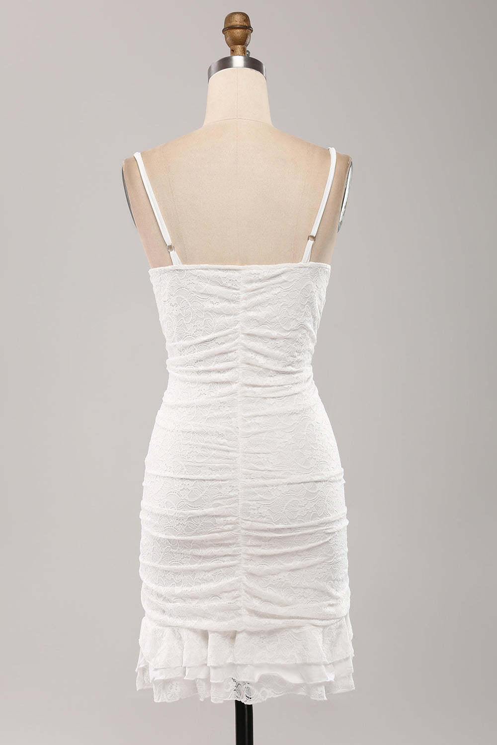 Cute Spaghetti Straps Bodycon Pleated Lace Short White Graduation Dress