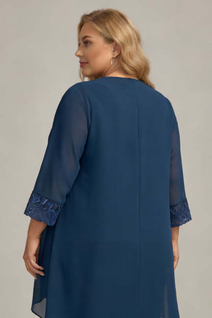 Navy Long Plus Size Sleeves 3 Pieces Mother of the Bride Pant Suits