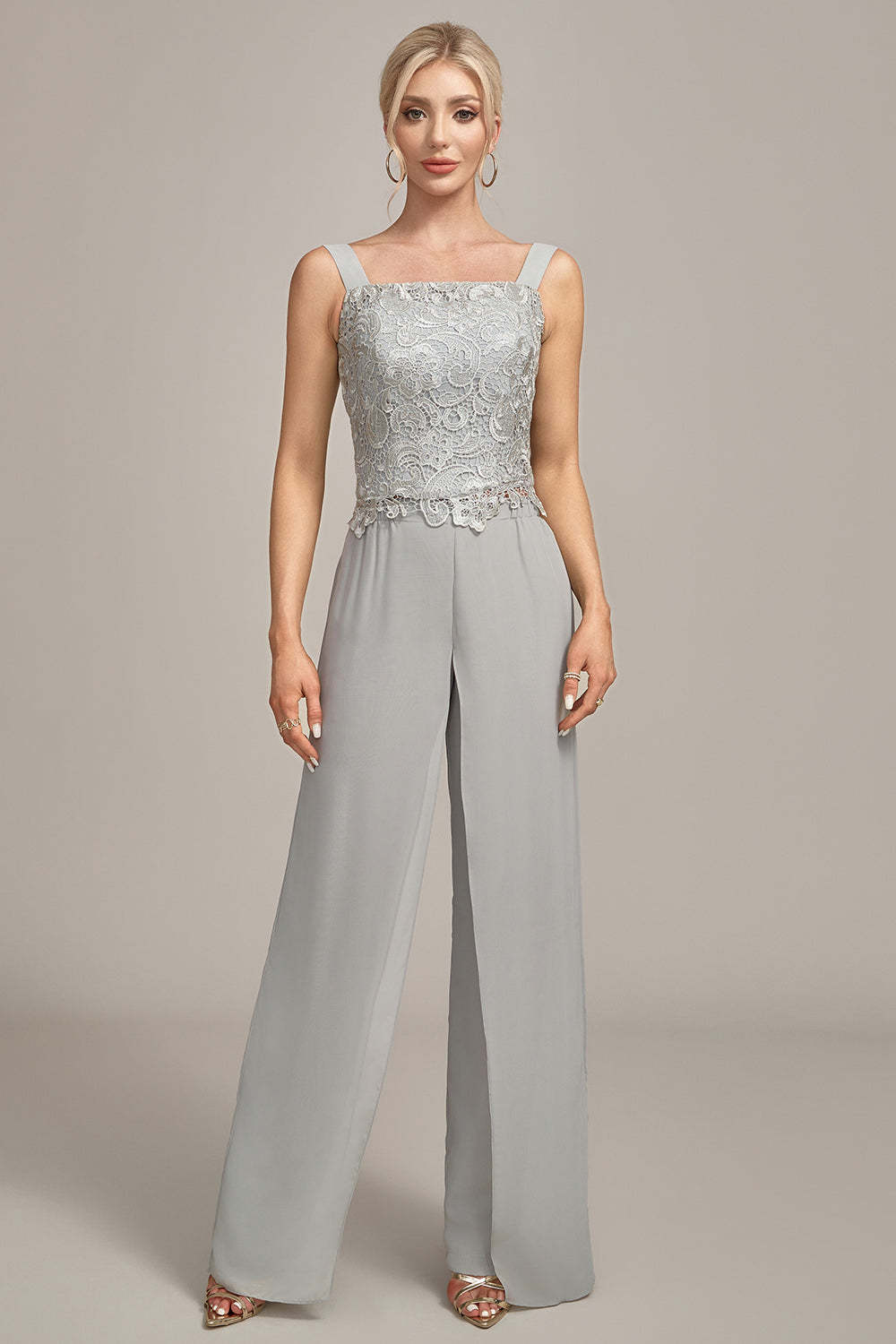 Leely Women Silver Sheath Chiffon Pant and Lace Mother of The Bride Pant Suits