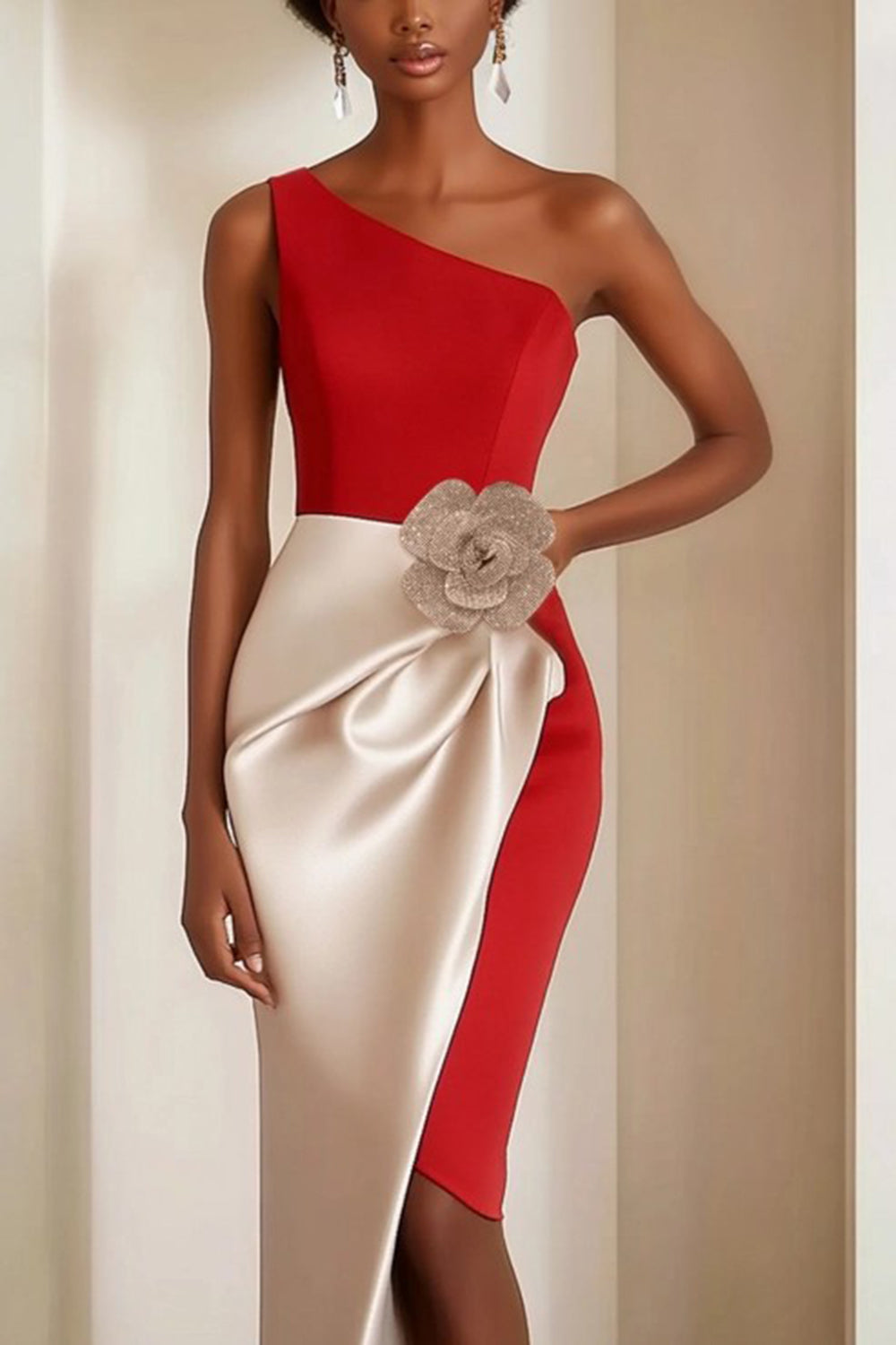 Red One Shoulder Sheath Long Cocktail Dress with Flower