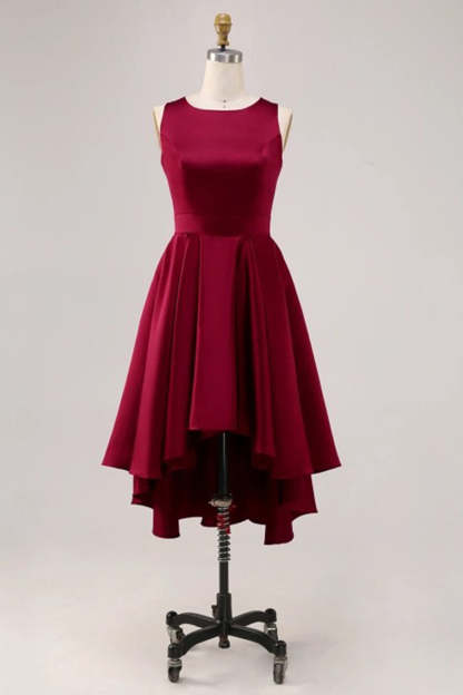 Burgundy A Line High Low Cocktail Dress with Pockets